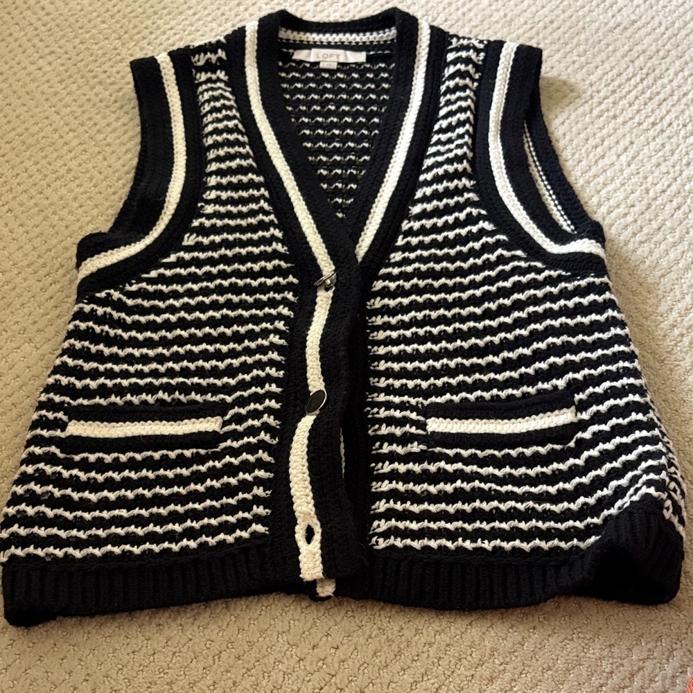 LOFT Black and White V-Neck Sweater Vest